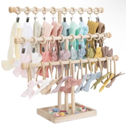 POVETIRE Headband Holder Stand Storage for Baby, 3 Tier Wooden Bow Organizer for Girls Hair Bows, Infant Hair Accessories Rack Display for Nursery Decor