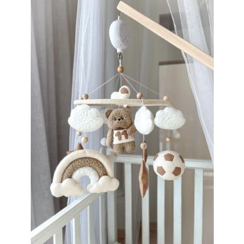 Handmade Boucle Teddy Bear Crib Mobile - Neutral Colors Soccer Nursery Decor - Unique Baby Shower Gift