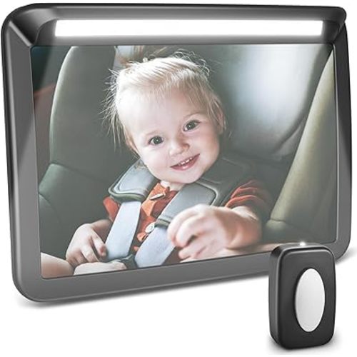 Zacro Baby Car Mirror with Night Light, Safety Rear Facing Car Seat Mirror with Remote Control, 3 Brightness Baby Mirror for Car, Shatterproof Car Mirror Baby Rear Facing Seat, 360° Rotatable