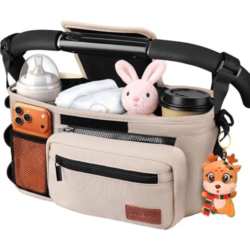 Universal Stroller Organizer with Cup Holder: Baby Essentials, Stroller Caddy with Shoulder Strap, Detachable Phone Bag, Stroller Accessories, New Moms Baby Gifts