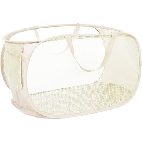 Durable Collapsible Laundry Baskets, Mesh Pop Up Laundry Hamper with Side Pocket, Foldable Clothes Storage Hamper with Reinforced Carry Handles for Laundry, Bathroom, Kids Room, Dorm or Travel Beige