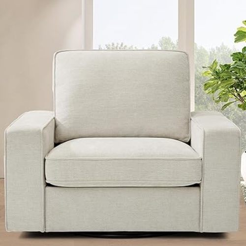 TEKAMON Swivel Accent Chair, Oversized Swivel Single Sofa Chair, Modern Chenille Fabric Barrel Armchair for Living Room/Office with Extra Wide Armrests, Washable Covers, 360° Rotation (Beige)