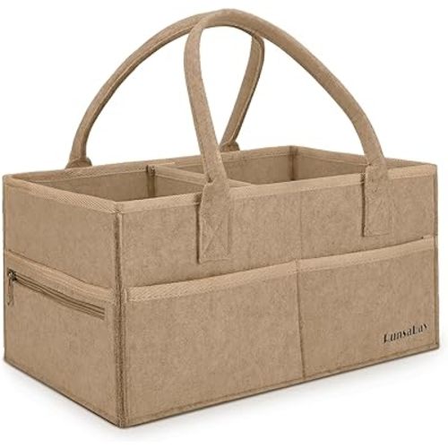 Runsabay-Diaper Caddy Organizer for Newborn Baby Essentials, Newborn Baby Must Haves, Car Basket for Baby Diapers and Wipes, Baby Basket with Handles (Khaki, Large)
