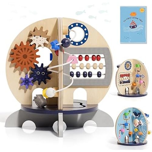 Wooden Ocean Activity Cube, Montessori Sensory Toy for 6–18 Months Toddlers, Birthday Gift for 1 Year Old Boys Girls