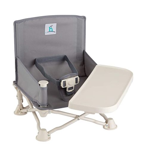hiccapop OmniBoost Travel Booster Seat with Tray for Baby | Folding Portable Baby Booster Seat for Dining Table, Camping, Beach, Grandma’s | Tip-Free Design Straps to Kitchen Chairs - Booster Chair - Slate Grey