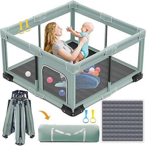 Foldable Playpen for Babies and Toddlers, 50x50 Inches Portable Playpen, Kids Collapsible Play Pen with 2 Handlers, Indoor & Outdoor Baby Fence Play Area with Visible Mesh, Light Green