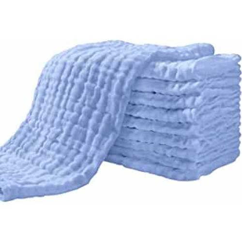 Yoofoss Muslin Burp Cloths for Baby 10 Pack 100% Cotton Baby Washcloths for Boys Girls Large 20''X10'' Super Soft and Absorbent Blue