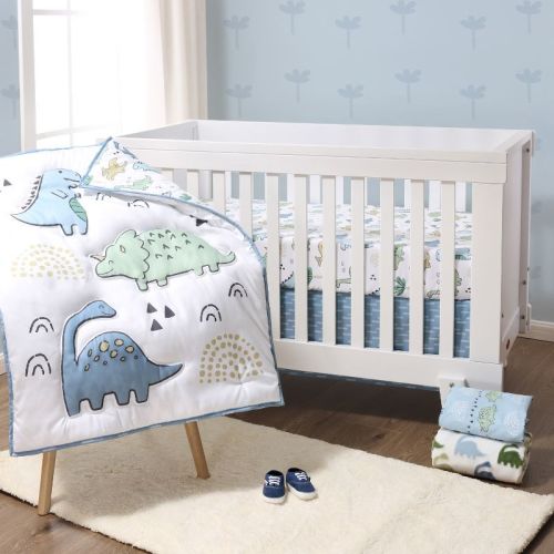 The Peanutshell 5-piece Blue Dino Baby Crib Bedding Set For Boys With Extra Sheet, Quilt And Blanket
