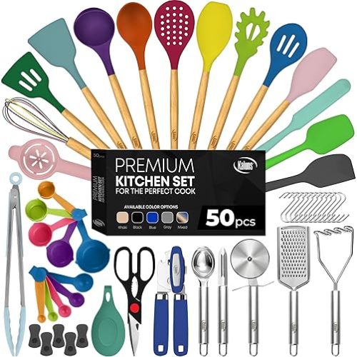 Kaluns 50 PCS Silicone Kitchen Utensils Set - Mothers's Day Gifts For Mom Wife Complete Kitchen Set 800°F Heat Resistant Non-Stick Premium Silicone Cooking Utensils W Wooden Handles Gifts For Mothers