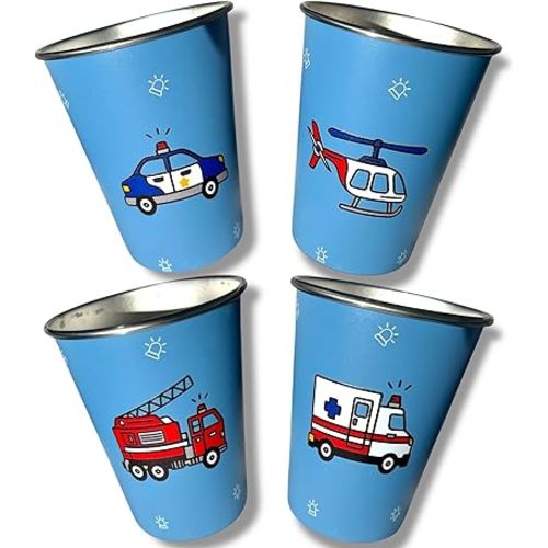 12oz Stainless Steel Cups for Kids (Rescue Vehicles) Set of Four (4) Kids Cups - BPA Free, Reusable and Eco Friendly Metal Toddler Cup - Drinking Glasses, Kid Proof Tumblers