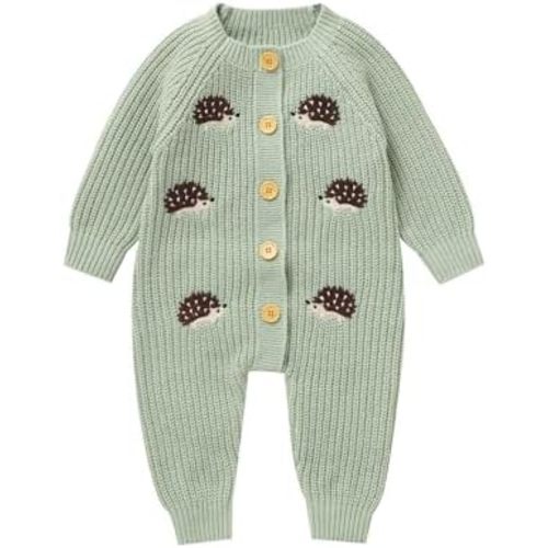 Infant Baby Boy Girl Embroidery Hedgehog Knitted Sweater Romper Long Sleeve Button Jumpsuit Warm Winter Clothes