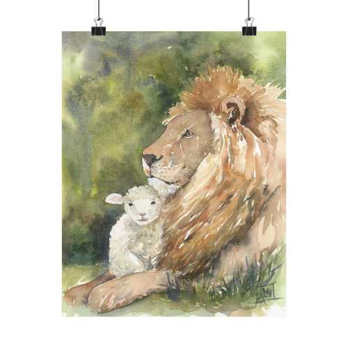 The Lion and Lamb Watercolor Poster Print by Amy Woods, Peaceable Kingdom in 3 sizes, 8x10, 11x14, 16x20