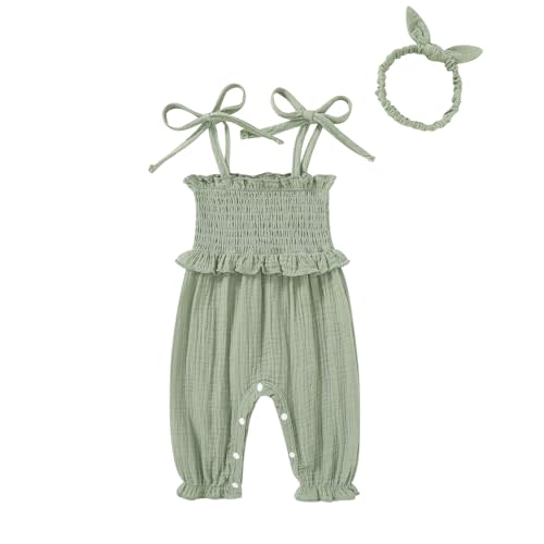 YOUNGER TREE Newborn Baby Girl Clothes Summer Sleeveless Smocked Romper with Headband Toddler Jumpsuit Outfits