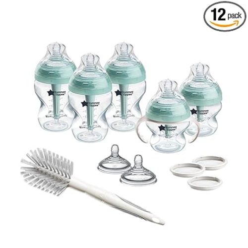 Tommee Tippee Advanced Anti-Colic 12 Piece Set, 5 oz and 9 oz BPA Free Bottles, Newborn 0+ Months, Includes Slow & Medium-Flow Breast-Like Nipples and Bottle Handles and Cleaning Brush