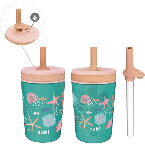 Zak Designs Shells Kelso Tumbler Set, Leak-Proof Screw-On Lid with Straw, Bundle for Kids Includes Plastic and Stainless Steel Cups with Bonus Sipper (3pc Set, Non-BPA) 15 fl.oz.