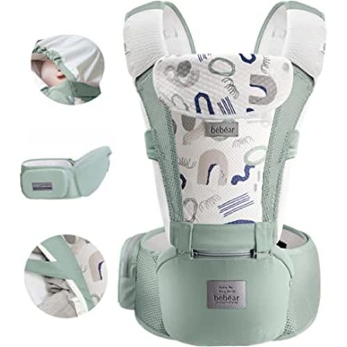 Bebamour Baby Carrier Front and Back Carry Baby to Toddler Baby Hip Carrier with Head Hood & 3 Pieces Teething Pads (Light Green)