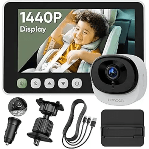 bonoch 5" 1440P Baby Car Camera, Clearest Monitor with 360° Rotating Wide View, Backseat Rear Facing Mirror for Baby, USB Powered with Charger, Easy Setup, Night Vision, Plug & Play Safe Driving