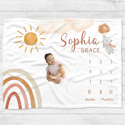 Personalized Rainbow Sun Milestone Blanket, Baby Photo Prop, Baby Cozy Blanket Gender Neutral, Rainbow Baby Shower Nursery Decor