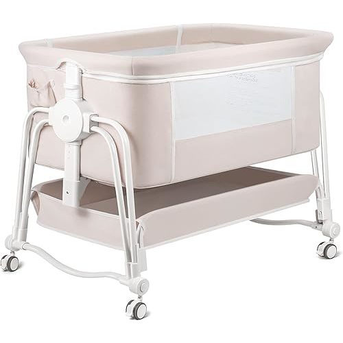 4 in 1 Baby Bassinet Bedside Sleeper, Rocking Baby Crib with Lockable Wheels, Storage, Mosquito Net and Matress Included, 7 Level Adjustable Bedside Bassinet for Baby Newborn(Cream)