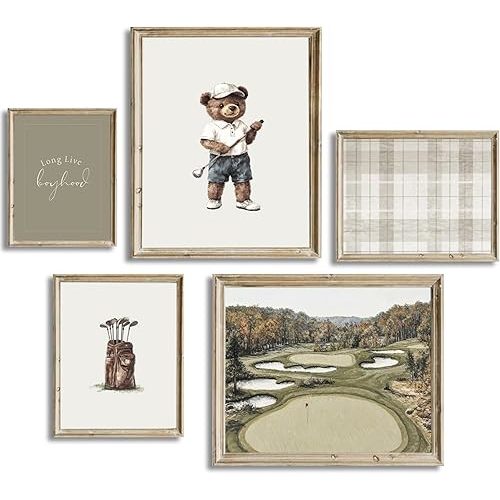 Golf Nursery Wall Art Vintage Sports Decor Wall Baby Boy Room Prints Teddy Bear Canvas Golf Course Poster Kids Animal Pictures Sage Green Painting Artwork for Playroom Bedroom 8x10x5 Inch Unframed