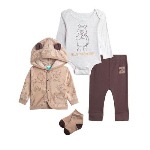 Disney Baby Boys and Girls Take Me Home Set - 4 Piece Unisex Infant Bodysuit, Hooded Jacket, Pants, and Socks (Sizes: 0-9M)