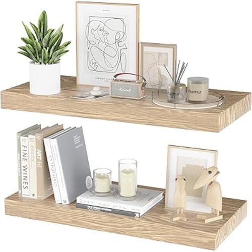 Floating Shelves for Wall - 17 Inch Natural Wood Shelves for Bathroom, Bedroom, Kitchen Decor, Farmhouse Decor Set of 2