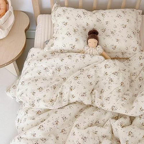 BuLuTu Muslin Baby Quilt for Girls Boys Quilted Blanket 2 Layers Gauze Cotton Baby Blanket Nursery Bed Blanket Shower Gift for Toddler Newborn, Crapemyrtle Pattern, 59"x47"