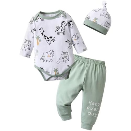 Newborn Infant Baby Boy Clothes Print Long Sleeve Bodysuit + Pants + Hat 3 PCS Outfits Set