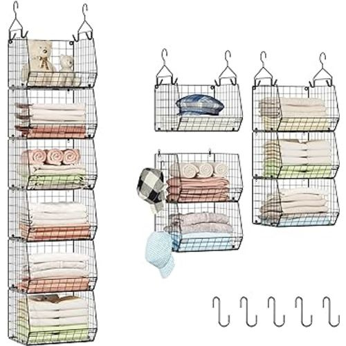 X-cosrack 6 Tier Closet Hanging Organizer, Clothes Hanging Shelves with 4 Hanging Hooks 5 S Hooks, Wire Storage Basket Bins, for Clothing Sweaters Shoes Handbags Clutches Accessories Patent Design