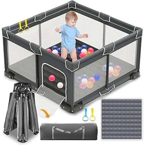 Foldable Baby Playpen with Mat, 50x50 Playpen for Babies and Toddlers, Kids Portable Playpen with 2 Handlers, Indoor & Outdoor Baby Play Area with Visible Mesh