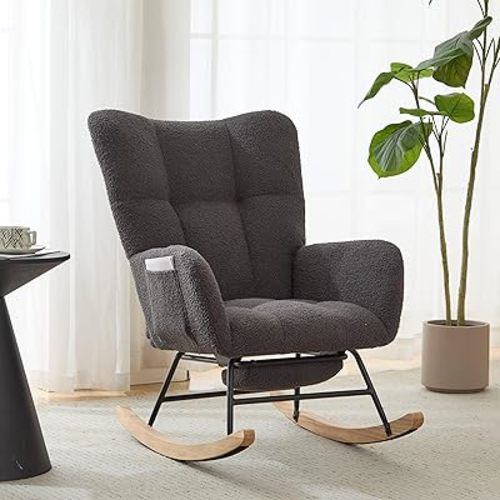 Nursery Rocking Chair Teddy Upholstered Glider Rocker with Footrest Accent Chair with High Backrest Armchair Comfy Side Pocket Chair for Living Room, Bedroom, Offices (Large Grey)