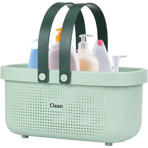 Green Portable Shower Caddy Basket, Plastic Storage Basket with Handles Storage Bins Shower Storage Organizer for Bathroom, College Dorm, Kitchen, Bedroom, Gym