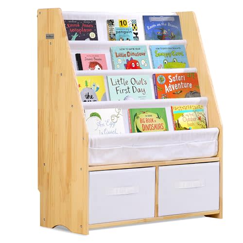 MallBest Childrens Bookshelf Kids Sling Book Rack with Two Storage Boxes and Toys Organizer Shelves Natural Solid Wood Baby Bookcase(Natural)
