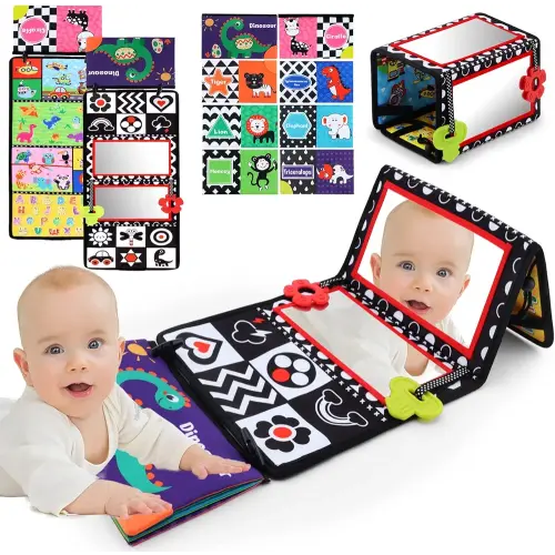 Tummy Time Floor Mirror with Crinkle Cloth Book and Teethers, Double-sided Baby Mirror Black and White High Contrast Baby Toys, Folding Crawling Activity Mat for Infants 3 6 12 Months (B-Mirror+Book)