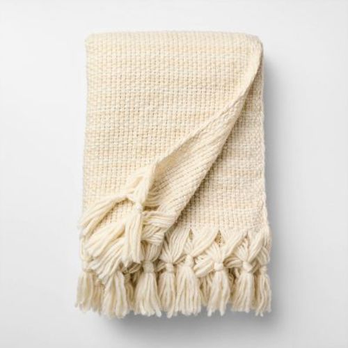 50 X 60 Throw Mixed Yarn Woven With Crossed Tassels Cream And Khaki - Threshold™ Design With Studio Mcgee