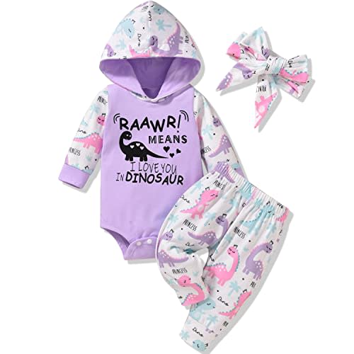 MINIFEIKO Newborn Infant Baby Girl Dinosaur Outfit Long Sleeve Hoodie Romper Bodysuit and Pants with Headband Set