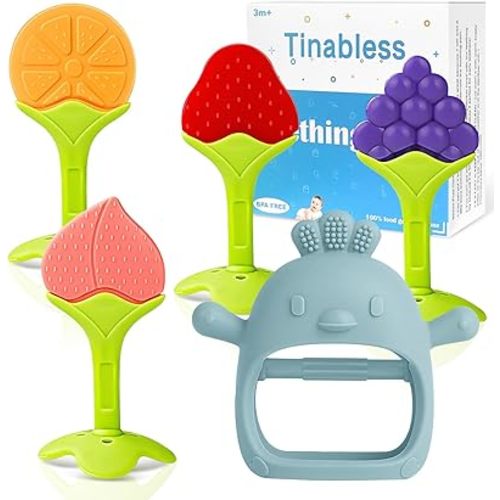 Baby Teething Toys(5 Pack) - Tinabless Infant Teething Keys&Silicone Teething Mitten for Babies Over 3 Months, BPA-Free, Natural Organic Freezer Safe for Infants and Toddlers(Blue)