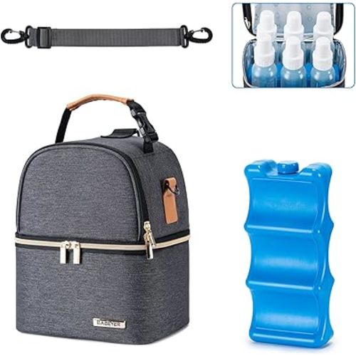 Breastmilk Cooler Bag with Ice Pack Fits 6 Baby Bottles up to 9 Ounce, Breastmilk Pump Cooler Bag with Shoulder Strap for Nursing Mom Daycare, Work, Travel- Grey
