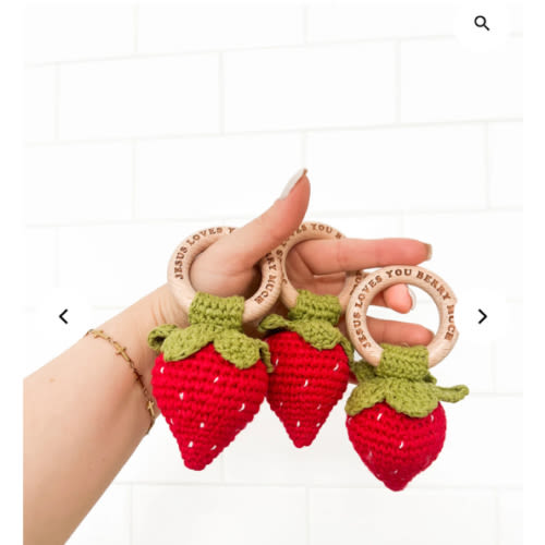 Jesus Loves You Berry Much Strawberry Knitted Teether Rattle