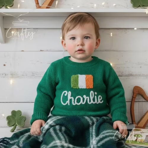 Personalized Knit Baby Sweater - 0-3 M Flag & Name - Emerald