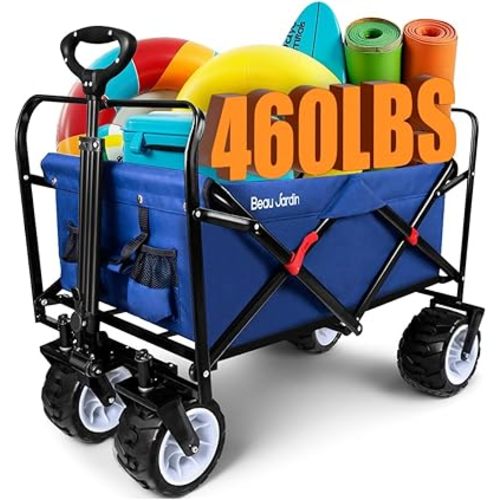 BEAU JARDIN Collapsible Folding Beach Wagon 460lbs Heavy Duty 300L Foldable Utility Garden Grocery Cart with Big All-Terrain Beach Wheels & Drink Holders for Camping Sports Blue