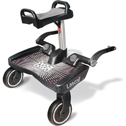 BuggyBoard Maxi+ Universal Stroller Board with Gray Folding Seat, Fits 90% of Strollers Including UPPAbaby, Baby Jogger, Bugaboo, No Need for a Double Stroller, Max Weight 66 lbs.