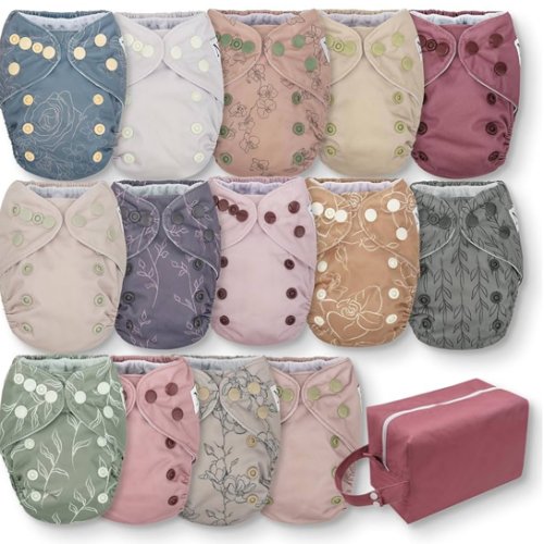 Nora's Nursery Newborn All-in-One Cloth Diaper 14-Pack with Diaper Pod for Clean Storage - Waterproof, Washable, Reusable, and Adjustable for Babies Under 12lbs - Blushing Blooms