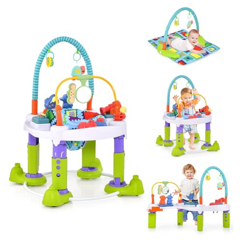 BABY JOY Baby Bouncer Activity Center, 4-in-1 Bouncing Activity Saucer & Activity Table & Play Mat w/ 3 Adjustable Heights, Play Bar & Music Box, Foldable Exersaucer for Infants & Toddlers