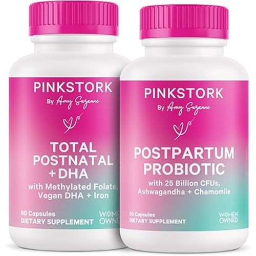 Pink Stork Postnatal Multivitamin + Probiotics with Vegan DHA, Ashwagandha, Iron, Folate, B12 - Supports Hormone Balance, Postpartum Recovery, Gut Health, & Digestion - Pack of 2