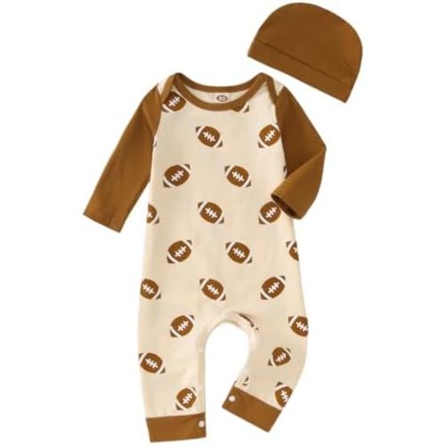 MODNTOGA Baby Boy Girl Football Graphic Jumpsuit Rugby Print Romper with Hat Funny Newborn Outfit Long Sleeve Infant Clothes