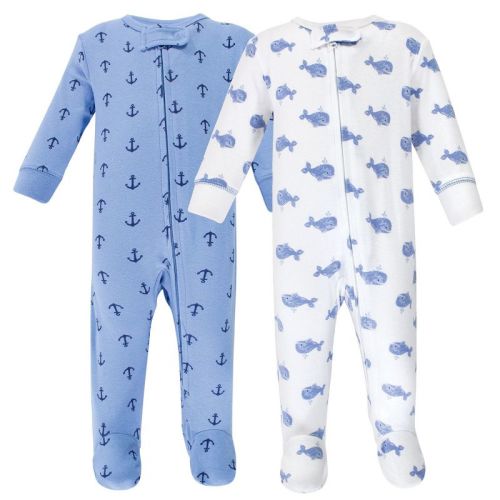Hudson Baby Infant Boy Cotton Zipper Sleep And Play 2pk, Blue Whales, 3-6 Months