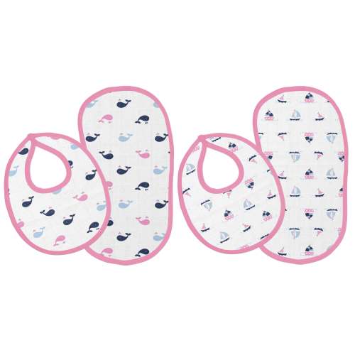 Whales Boats 4 Piece Muslin Bibs/Burp Cloths Girls  Navy Pink