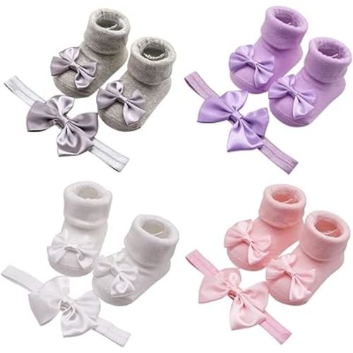 Baby Girls Nylon Headbands and Socks Sets, 4 Sets Newborn Infant Toddlers Baby Photography Props for 3-12 Months