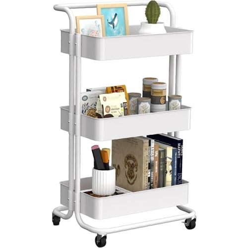 EZ COZY 3-Tier Rolling Cart, Heavy Duty Metal Diaper Cart with Wheels, Utility Rolling Storage Cart Organizer, Easy Assemble Storage Trolley for Kitchen, Bathroom, Office